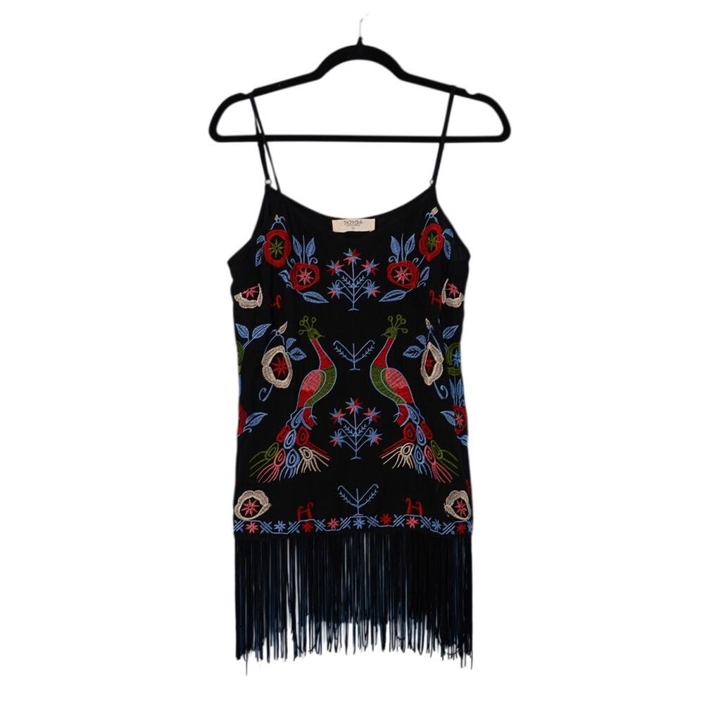 Yaya Club Black Embroidered Tanktop with Fringe Size Small